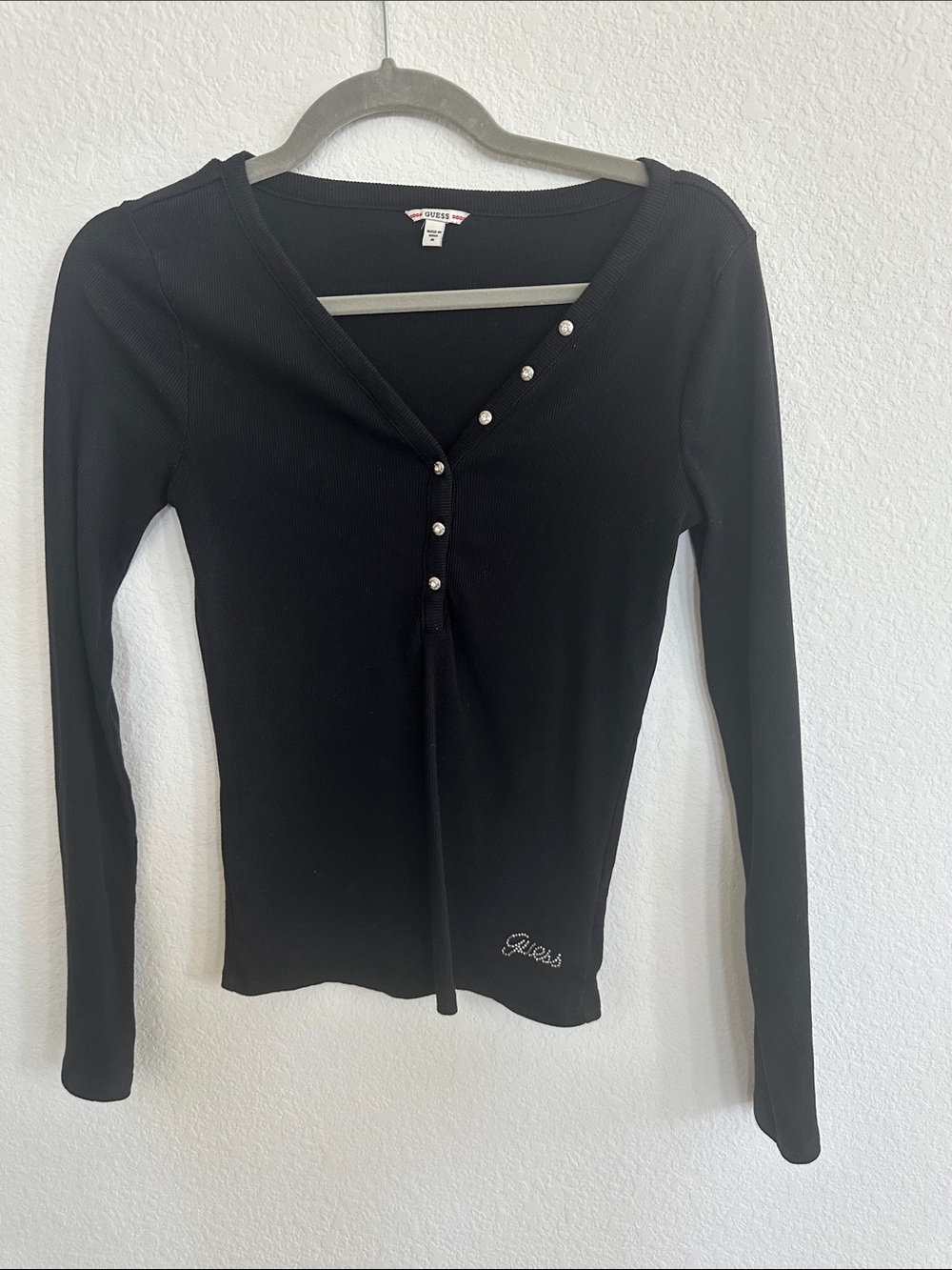 Guess Black Long Sleeve Ribbed Henley with Pearl Buttons
